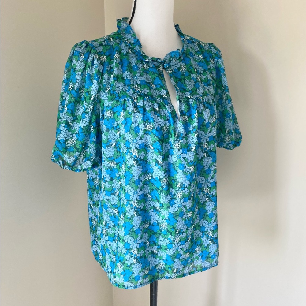 J.Crew Ruffle-Trim Short-Sleeve Top in Hyacinth Fields Size M - Picture 4 of 9